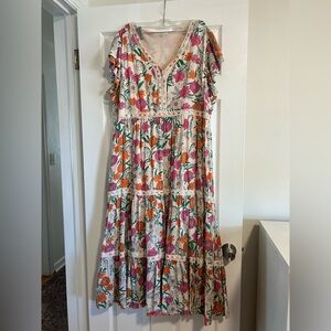Piper and Scoot Floral Dress in Cream with Pink and Orange Accents